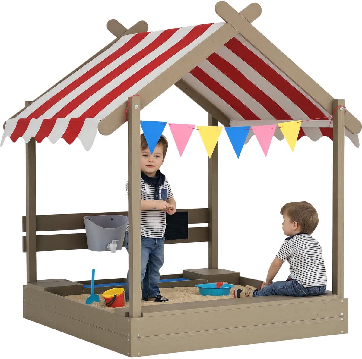 TEKROA® Houten Zandbak met Zonnedak en Speelgoed - Speelhuisje Design - Massief Hout - 124x116x146 cm - Grijs