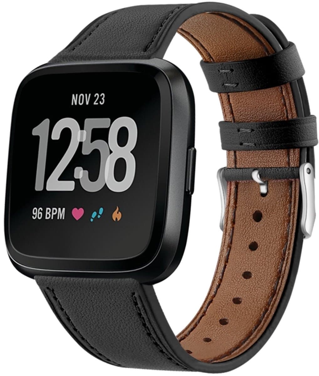Voor Fitbit Versa 2 / Fitbit Versa / Fitbit Versa Lite lederen band met ronde staartgesp (zwart)