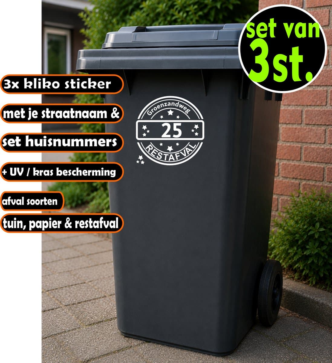 Jerma - Kliko - Stickers - Papier Rest Tuinafval - 3 st - Ø20 cm - 3 huisnr. - 10 cm - zelfklevend