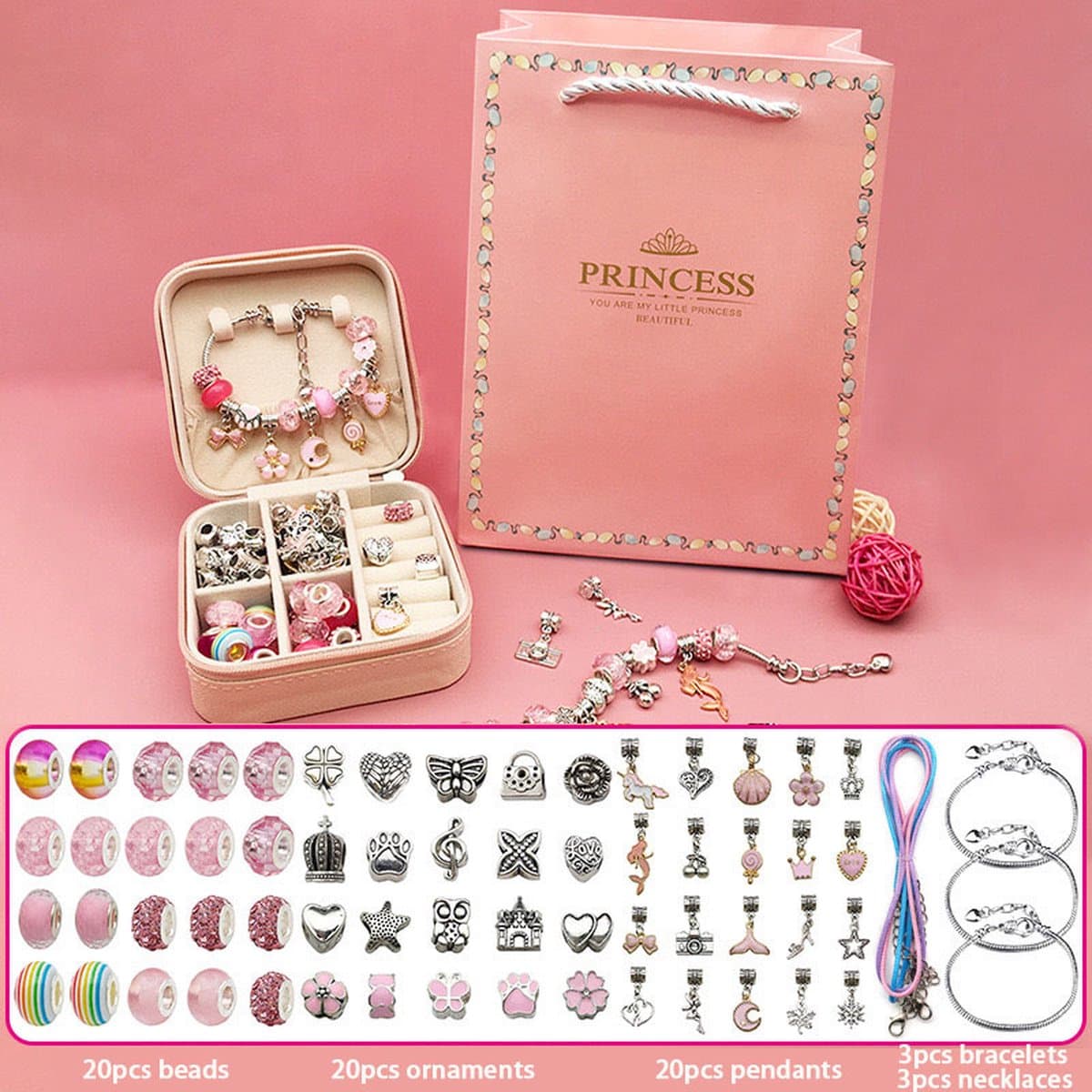 Loha-party®68stuks Prince Bedelarmband Making Kit- Roze zeemeermin Thema Armbanden sieraden-compleet sieradendoos- zelf maken ketting-Bedelarmbandenset-Verjaardagscadeau-Meisjes Knutselsets-Meisjescadeaus voor 5-13 jaar Verjaardag,Kerstmis