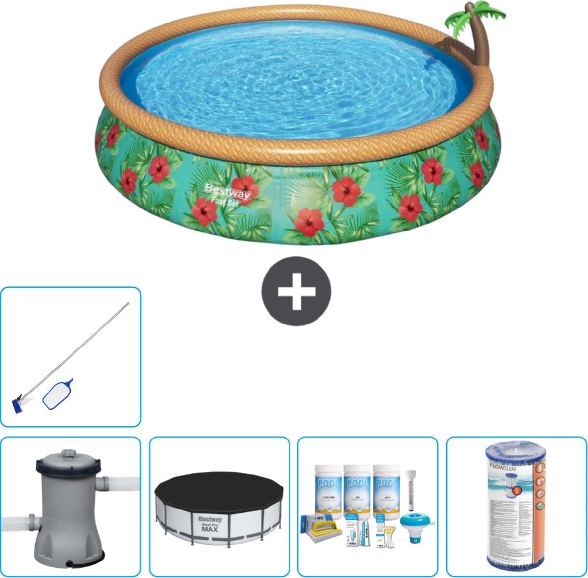 Bestway Rond Opblaasbaar Fast Set Zwembad - Paradijsprint - 457 x 84 cm - Inclusief Pomp Afdekzeil - Onderhoudspakket - Filter - Schoonmaakset