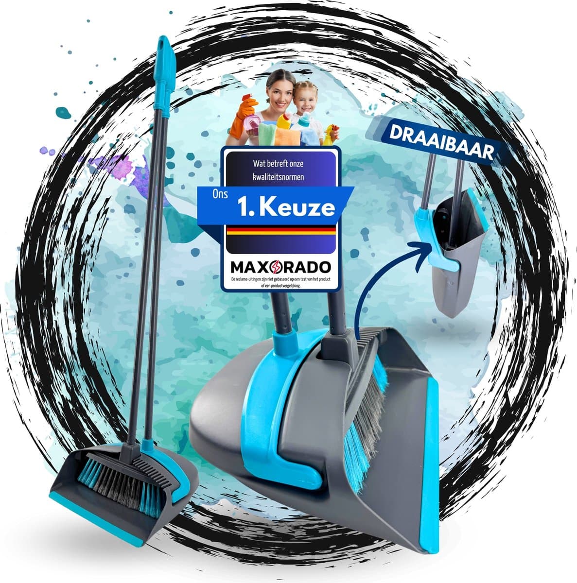 Maxorado Premium Handveger - Stoffer & Blik Set Lang - Veeg zonder Bukken - 93 cm Bezem met Lange Steel - Stoffer & Blik met Rubberrand - Draaibaar Veegset