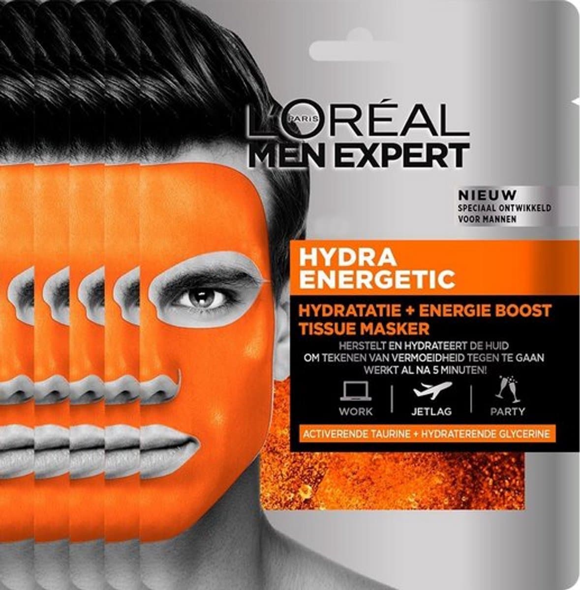 L'Oréal Paris Men Expert Hydra Energetic Tissue Gezichtsmasker - 5 stuks - Herstelt en Hydrateert - Voordeelverpakking