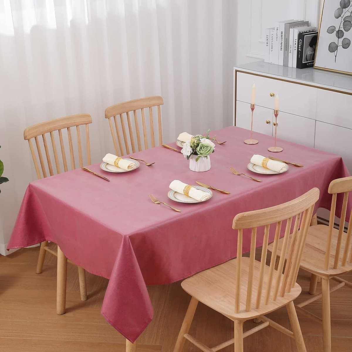 Famanu - Tafelkleed met linnenlook, afwasbaar, lotuseffect, rechthoekig, 140 x 300 cm, tafelzeil, waterafstotend, tafellinnen, vlekbescherming, wijnrood