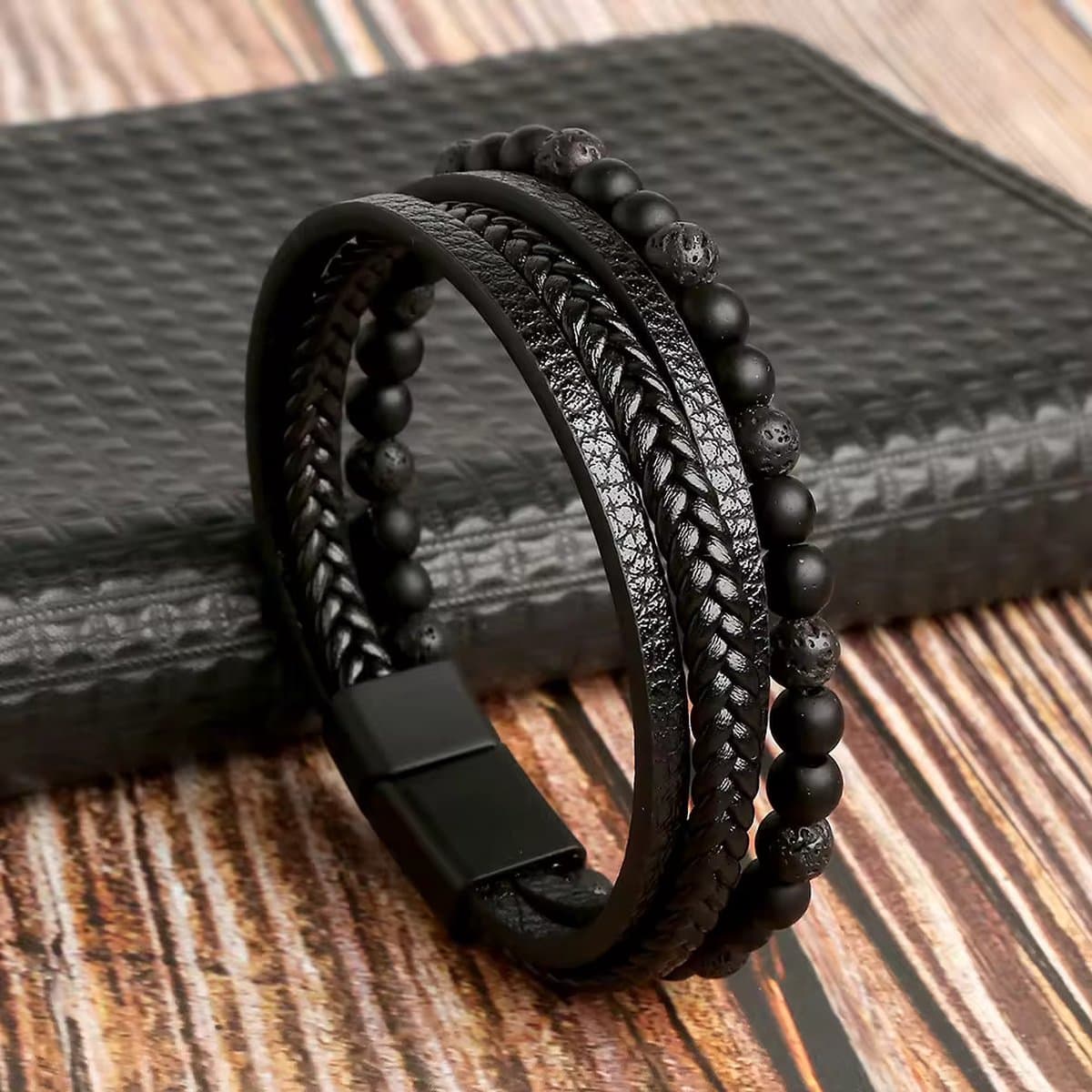KHRONOX® Armband, Armband Heren, 23 cm, ZWART, Natuurstenen, Armbanden, Leren Armband Heren, Leren Armband, Leren Armbanden, Armbandje, Kunstleer, Mannen, Magnetische Sluiting, + 2 CM Verlengstuk, Verjaardag, Vaderdag, Valentijnsdag, Cadeautje