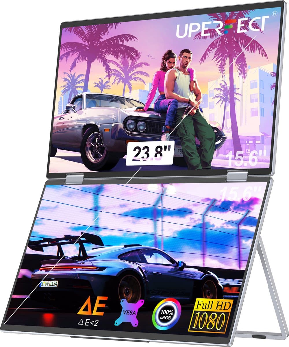 UPERFECT Dual Portable Monitor 15.6" 60Hz 100% 1080P sRGB Draagbaar Monitor with Stand & VESA Mount for Laptop/Switch/MacBook