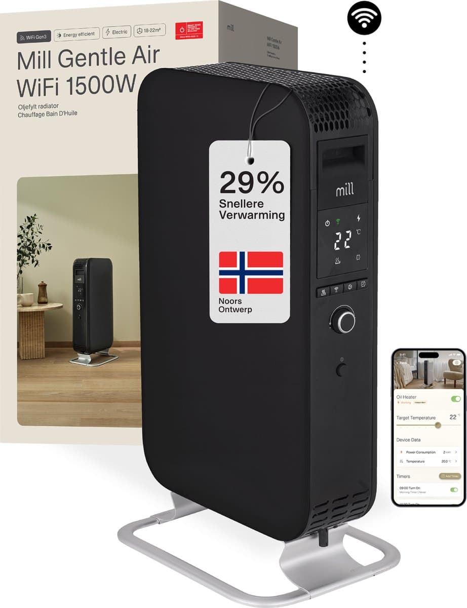 Mill OIL1500WIFI3 Black - WiFi-geïntegreerde design olieradiator - 1500 Watt - droogt de lucht niet uit - tot 24m2 - zwart