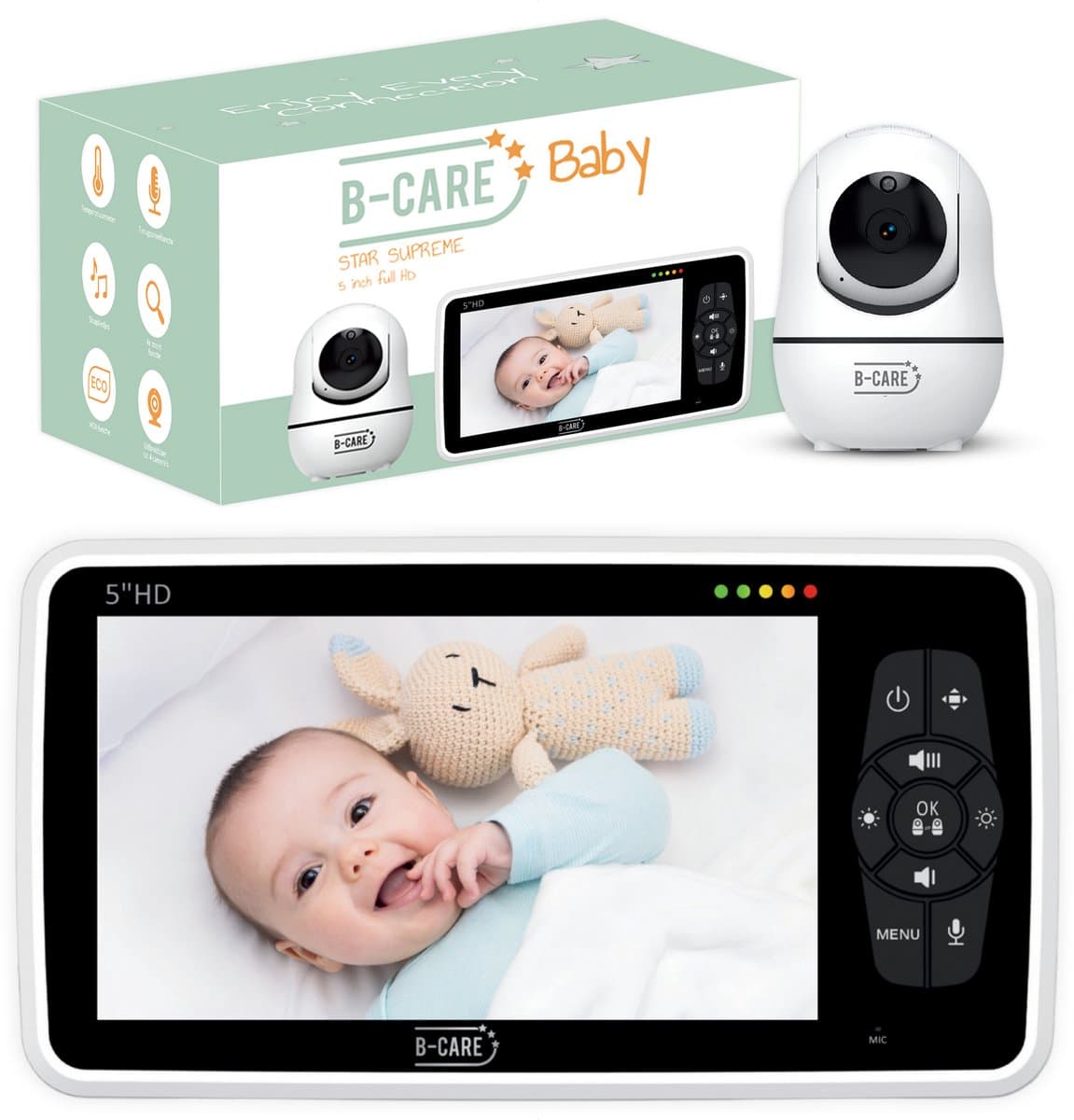 B-Care Star Supreme - Babyfoon Met Camera - 5.0 Inch HD Baby Monitor - Uitbreidbaar Tot 4 Camera's - Zonder Wifi en App