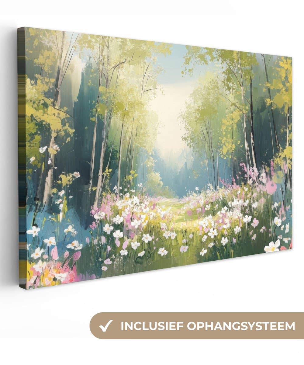 Canvas schilderij 90x60 cm - Exclusieve wanddecoratie Bos - Schilderstijl - Kleurrijk - Muurdecoratie woonkamer - Slaapkamer decoratie - Kamer accessoires - Schilderijen op canvas