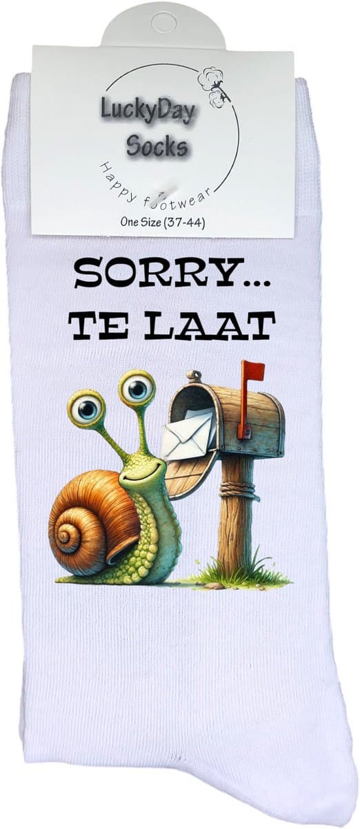 Te laat - Valentijns Cadeau - Grappige sokken - Leuke sokken - Hem Haar sokken - Vrolijke sokken - Sint cadeau - Vaderdag - Moederdag - Verjaardag cadeau - Kerst cadeau - Slak - Sorry - Vergeten - Leuk Cadeau - Socks maken Happy - 37-44