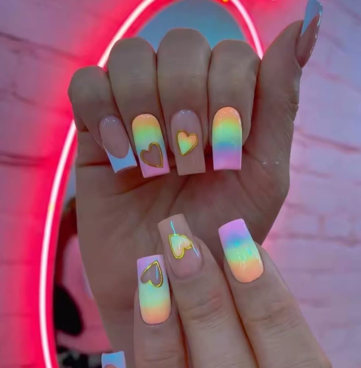 Nep nagels - Plak nagels - 24 stuks - Square nails - Regenboog hartje - Kunstnagels - Press on nails - Almond shape nails - Lange nagels - Fake nails