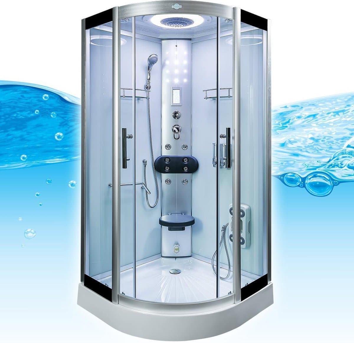 Complete Gesloten Douchecabine 100X100X215 Enla. THERMOSTAATKRAAN. Luxe, Kit-Vrij, Wit, Veiligheidsglas, LED, Radio, Speakers, Zitje, Massage, Hoekmodel, Kwartrond, Schuifdeuren, Douchebak, Afvoer, Sifon, Verschillende, Full Options. Royal Sanitair