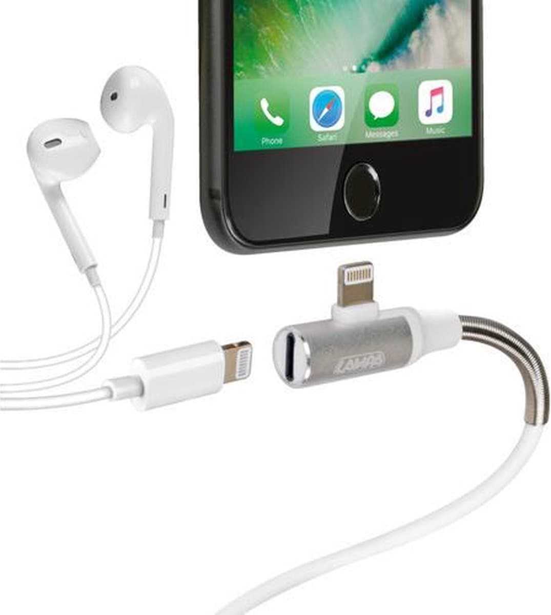 Kabel 90° Usb > Lightning + oortelefoon adapter (MFI)