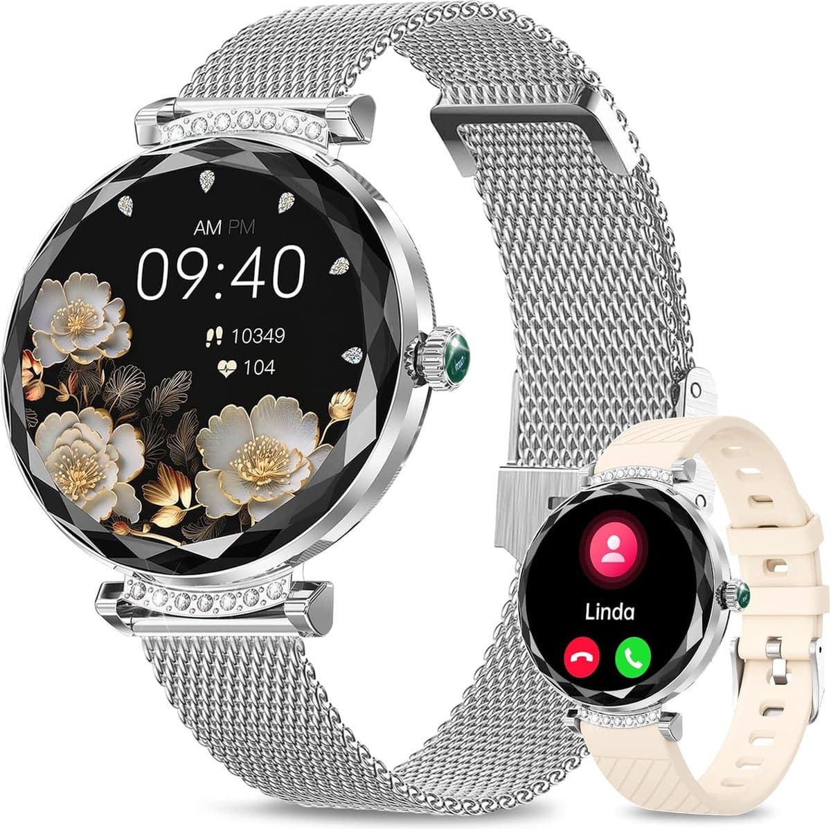 Synyq Diamond Smartwatch Dames Zilver - 39mm - AMOLED Scherm - 2 Bandjes - Horloge met Belfunctie - Bloeddrukmeter - Stappenteller - Dames Horloge -Android en iOS