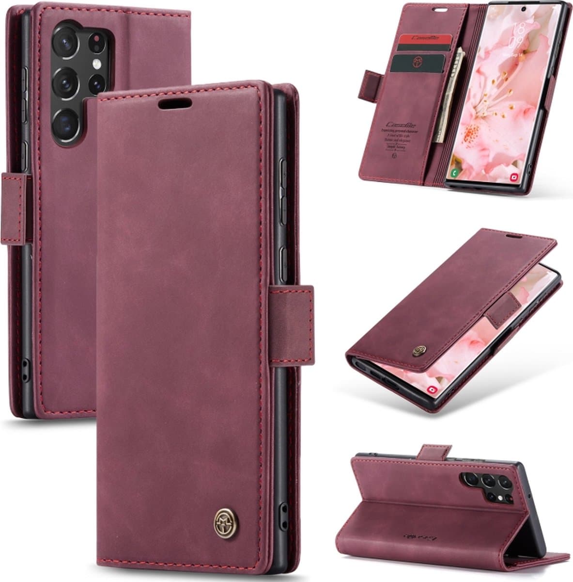 Geschikt Voor Samsung Galaxy S24 Ultra Multifunctionele horizontale flip telefoonhoes - Wijnrood