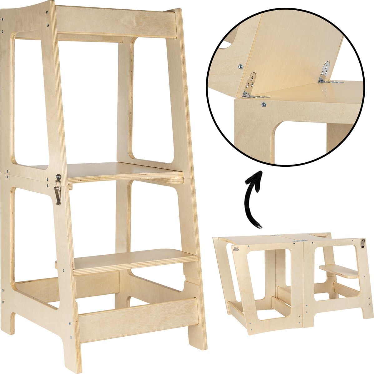 BYPLUIM Leertoren opvouwbaar - Hout - Montessori Leertoren - Kindertrap - Keukentrap - Kindertoren - Keukenhulp - Learning Tower Foldable - Opstapje - Inklapbaar- Leerstoel - Kindertafel - Speeltafel