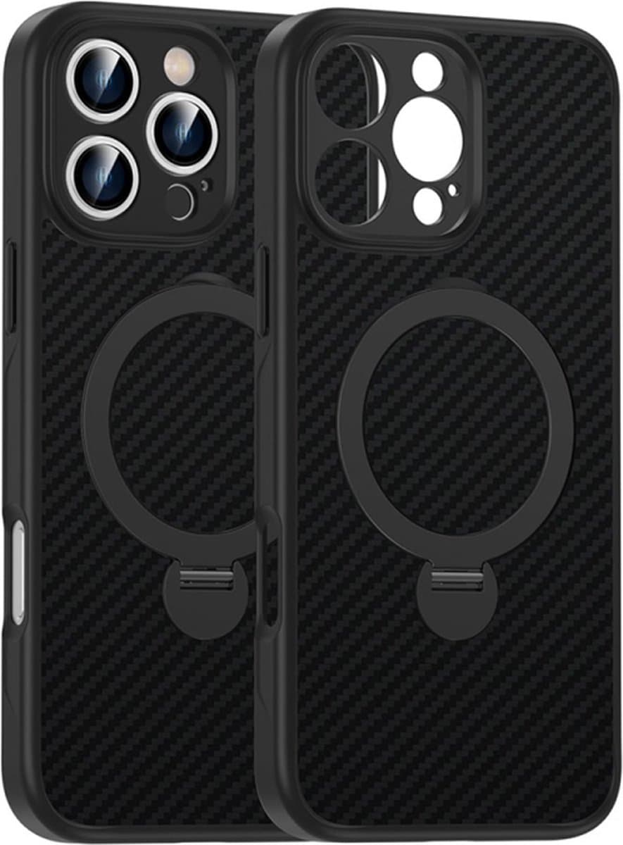 iPhone 15 Pro Carbon Fiber Geschikt voor MagSafe Back Cover Hoes met 360 ​​graden draaibare houder - Zwart