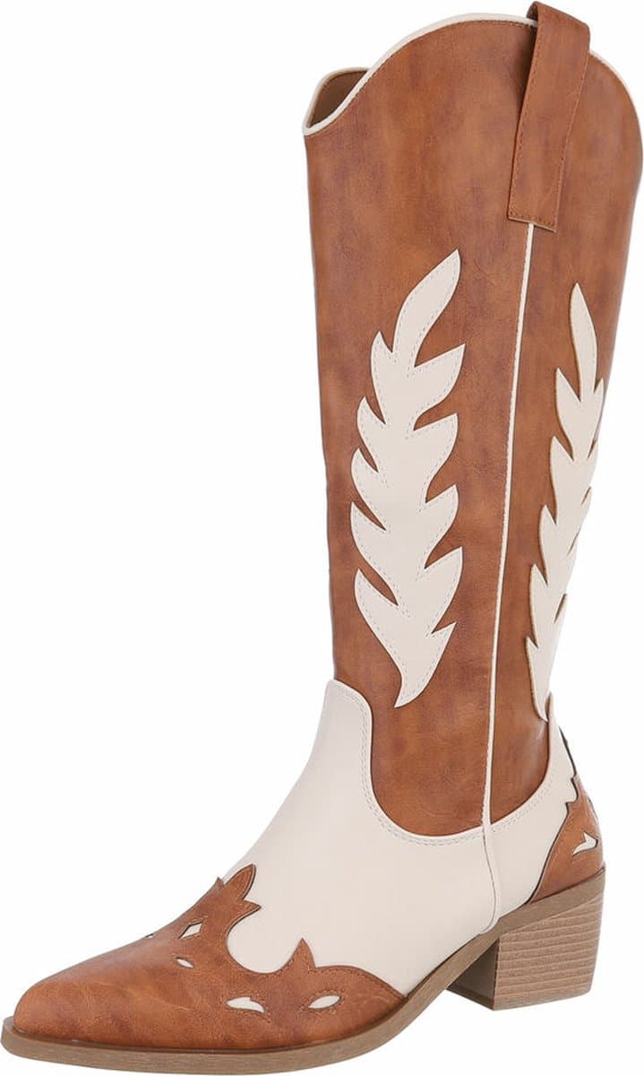 ZoeZo Design - cowboylaarzen - lange laarzen - western laarzen - hoogwaardig PU leder - bruin - ecru - 2 tinten bruin - met stiksel - maat 36 - hakhoogte 5 cm
