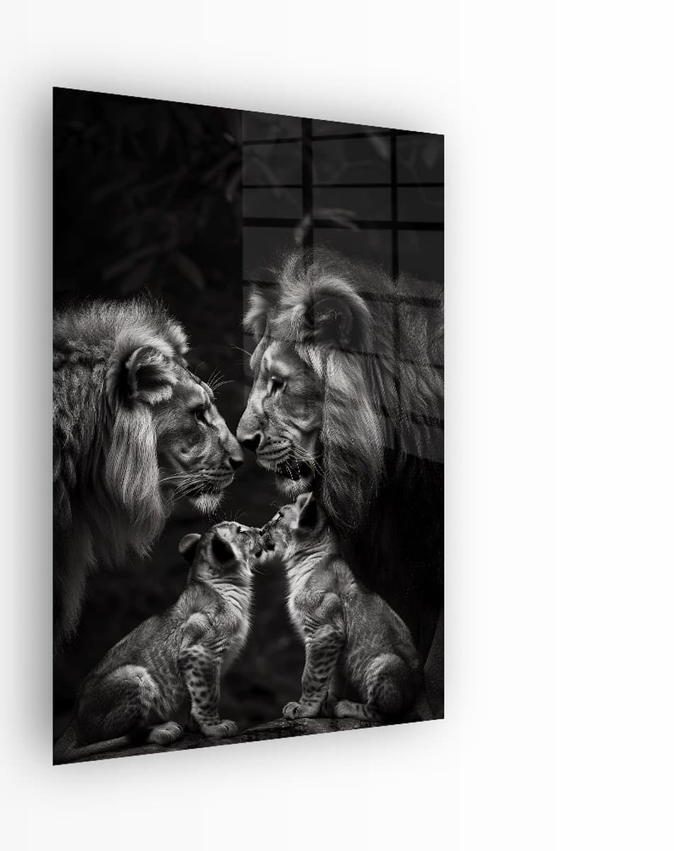 Indoorart - Glasschilderij Leeuwenliefde 80x120 CM - Afbeelding op plexiglas - Inclusief montagemateriaal