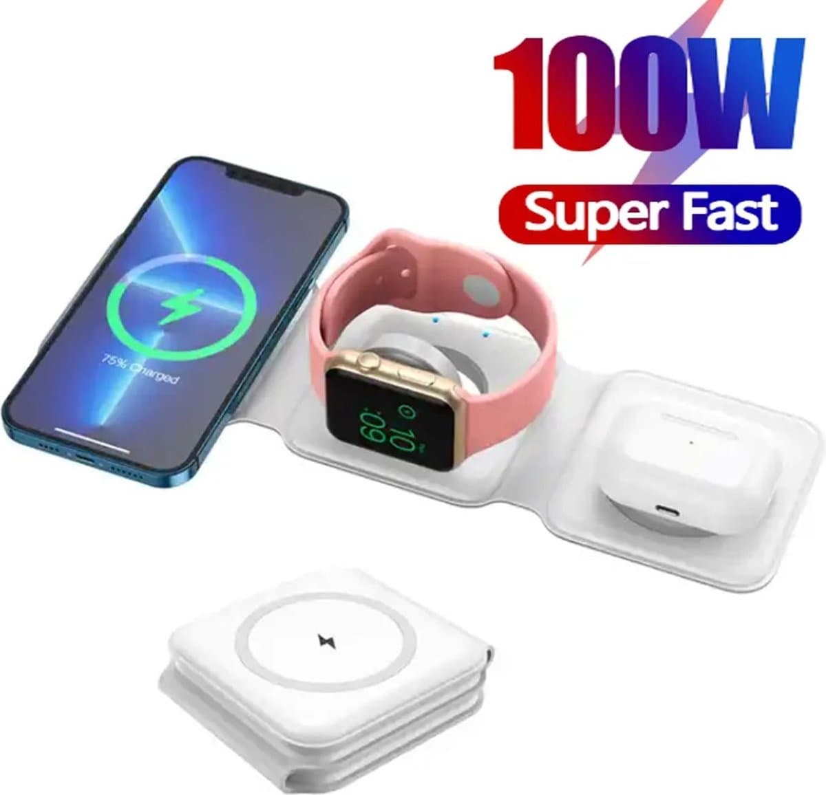 100W 3-in-1 Opvouwbaar Draadloos Laadstation - Snelle Oplader voor iPhone 15/14/13/12, Apple Watch & AirPods - Reislader voor Meerdere Apparaten, Compact Dock