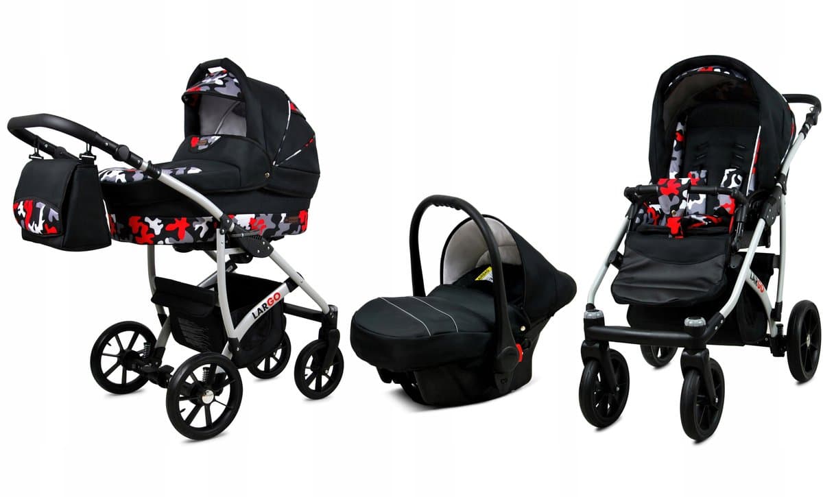 BabyLux® Kinderwagen 3in1 – LARGO - BLACK MORO SILVER FRAME - Opklapbare Wandelwagen incl. Reiswieg, Multifunctionele Buggy Sportstoel, Autostoel - Combi-kinderwagen met Luiertas, Regenhoes, Klamboe, Bekerhouder, etc.