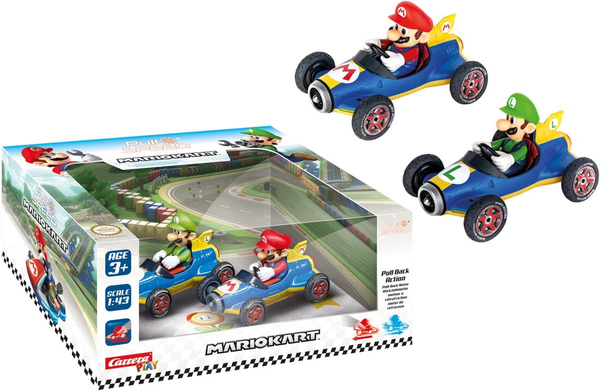 Carrera Speelgoedvoertuig Auto - Mario Kart - Mach8 Twinpack - Mario & Luigi - Pull Back Auto - Terugtrekauto - 1:43