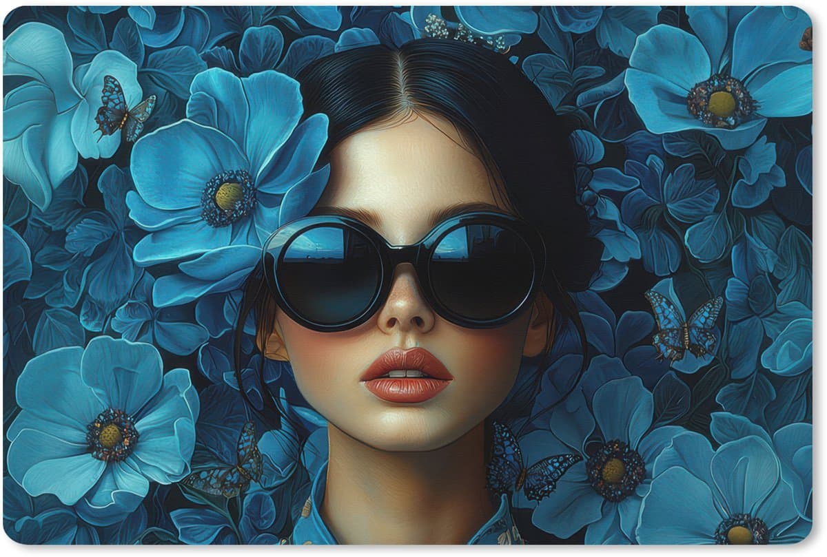 Muismat XXL 90x60 cm - Bureau onderlegger - Bureau mat Vrouw - Bloemen - Blauw - Aesthetic - Luxe - Bureaumat - Gaming mousepad xl - Bureaulegger groot - Computer deskmat