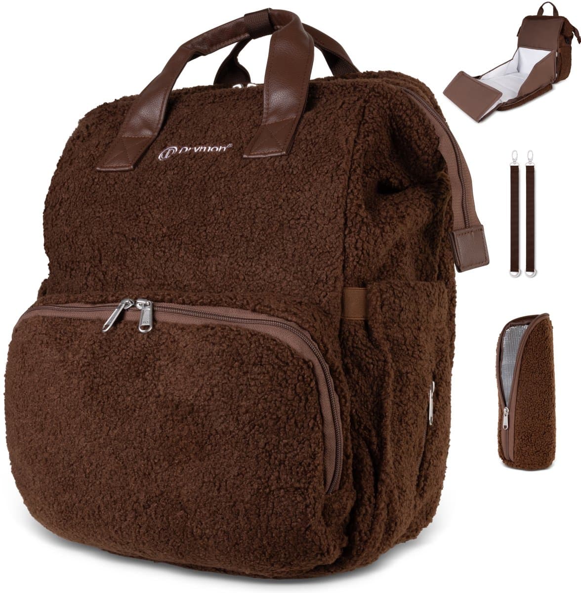 Drymon® Premium Luiertas – Ingebouwd Verschoonbed – Inclusief Flessenwarmer & Kinderwagenhaken t.w.v. €30 euro – 25L – Babycadeau - Verzorgingstas - Waterafstotend – Bruin – Exclusieve Teddy uitvoering