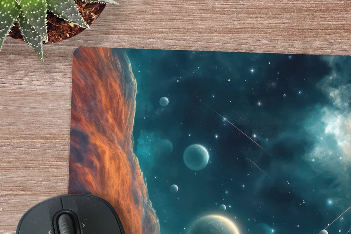 Muismat XXL 60x60 cm - Bureau onderlegger - Bureau mat Bergen - Ruimte - Planeten - Astronaut - Bureaumat - Gaming mousepad xl - Bureaulegger groot - Computer deskmat - Geschikt voor Gaming Muis en Gaming PC set-up