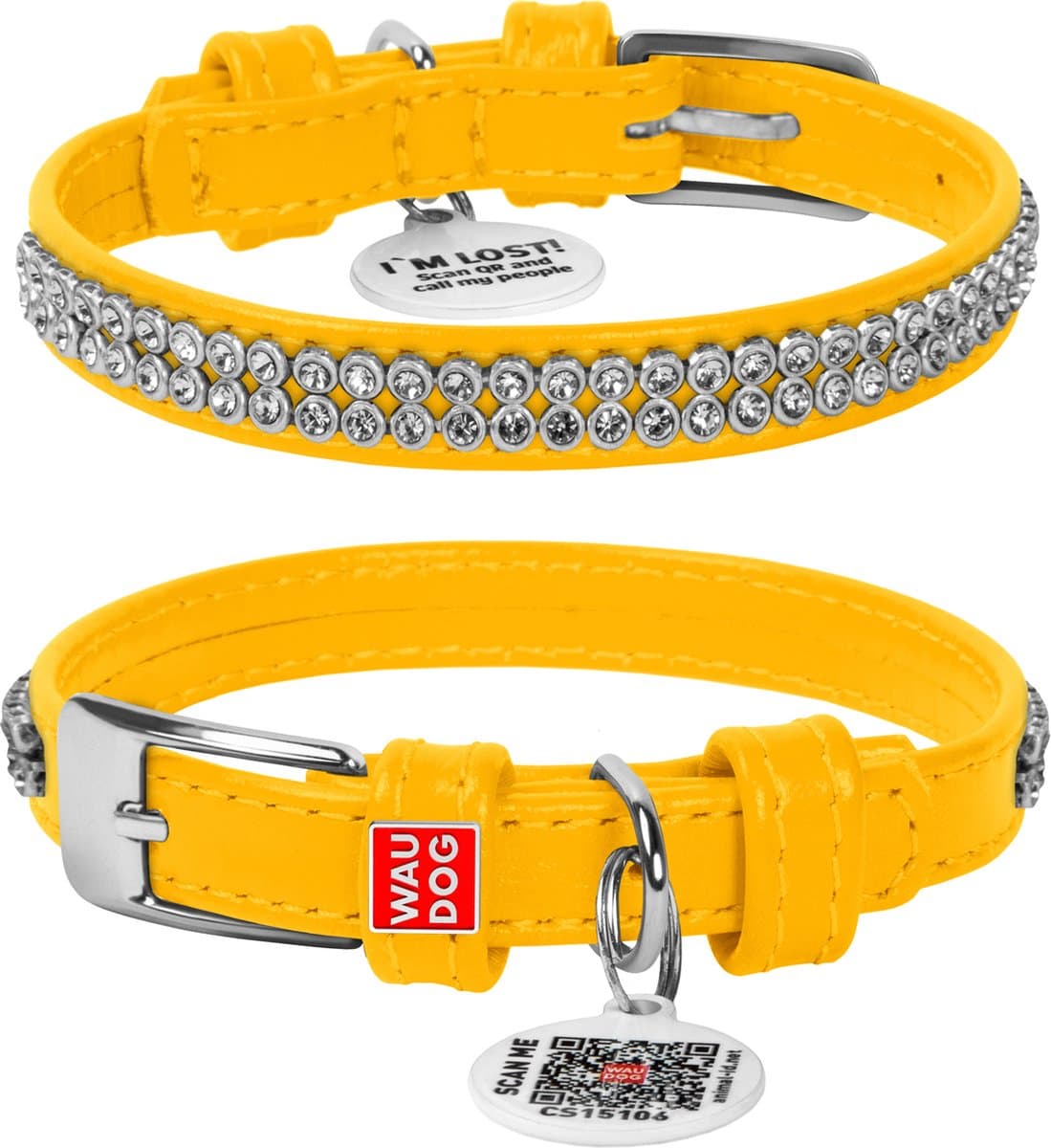 WAUDOG Glamour Halsband / Hondenhalsband - Echt Leder - Geel met Strass steentjes - XXS - Breedte: 9 mm - Nekomtrek: 19 - 25 cm (GELIEVE ALVORENS BESTELLEN OPMETEN)