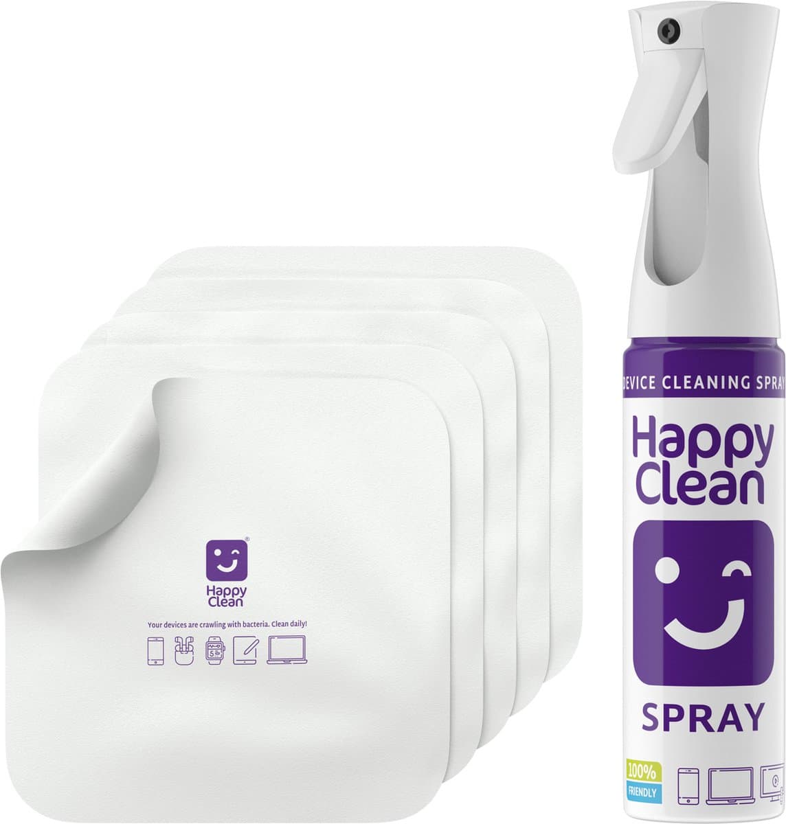 Happy Clean Screen Cleaner 300 ml + 5 Microvezeldoekjes 30x30 cm - Schermreiniger - Schoonmaakset voor Alle Beeldschermen en Devices