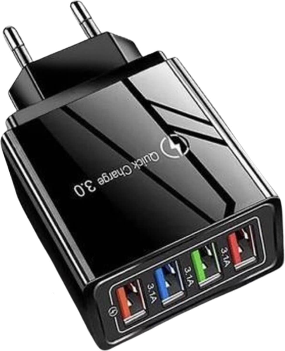 Zwarte USB snel lader/Quick Charger 3.0 - USB stekker - USB Lader - Oplader voor Smartphones en Tablets - Thuislader - Universele Adapter met 4 usb poorten - telefoonstekker