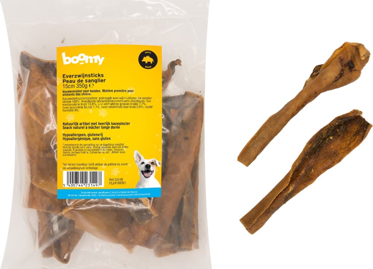 Boomy - Natuurlijke hondensnacks - Gezonde hondensnoepjes - Kauwstaaf hond - Kauwsnack - Gedroogde everzwijnsticks - 15cm - 350g