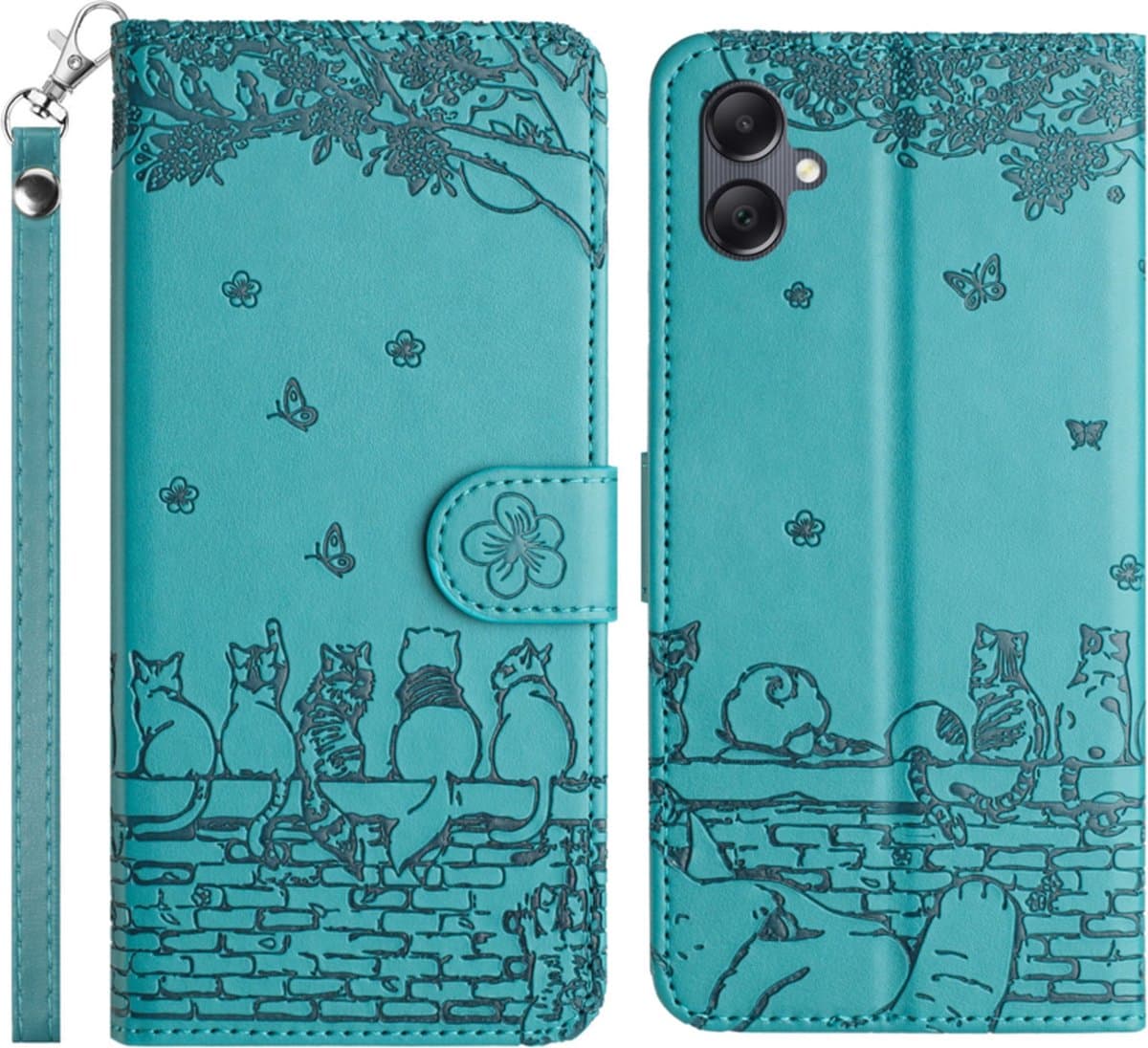 BookCover Hoes Etui geschikt voor Samsung Galaxy A06 - A07 - Turquoise - Katten op muurtje - Reliëf
