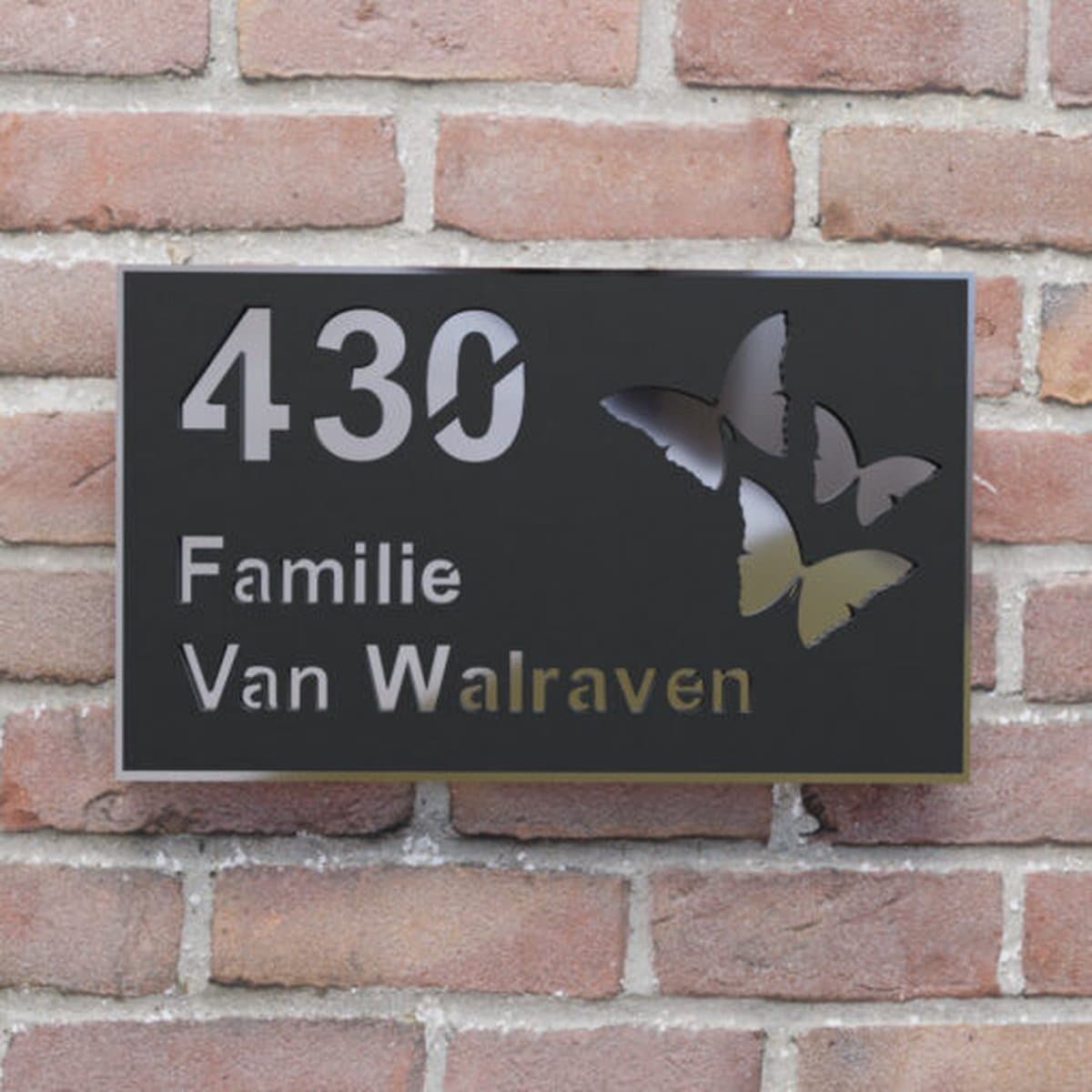 Naambordje voordeur - Huisnummerbord - Rechthoek vlinder - 25x15 - zwart/zilver - blinde bevestiging