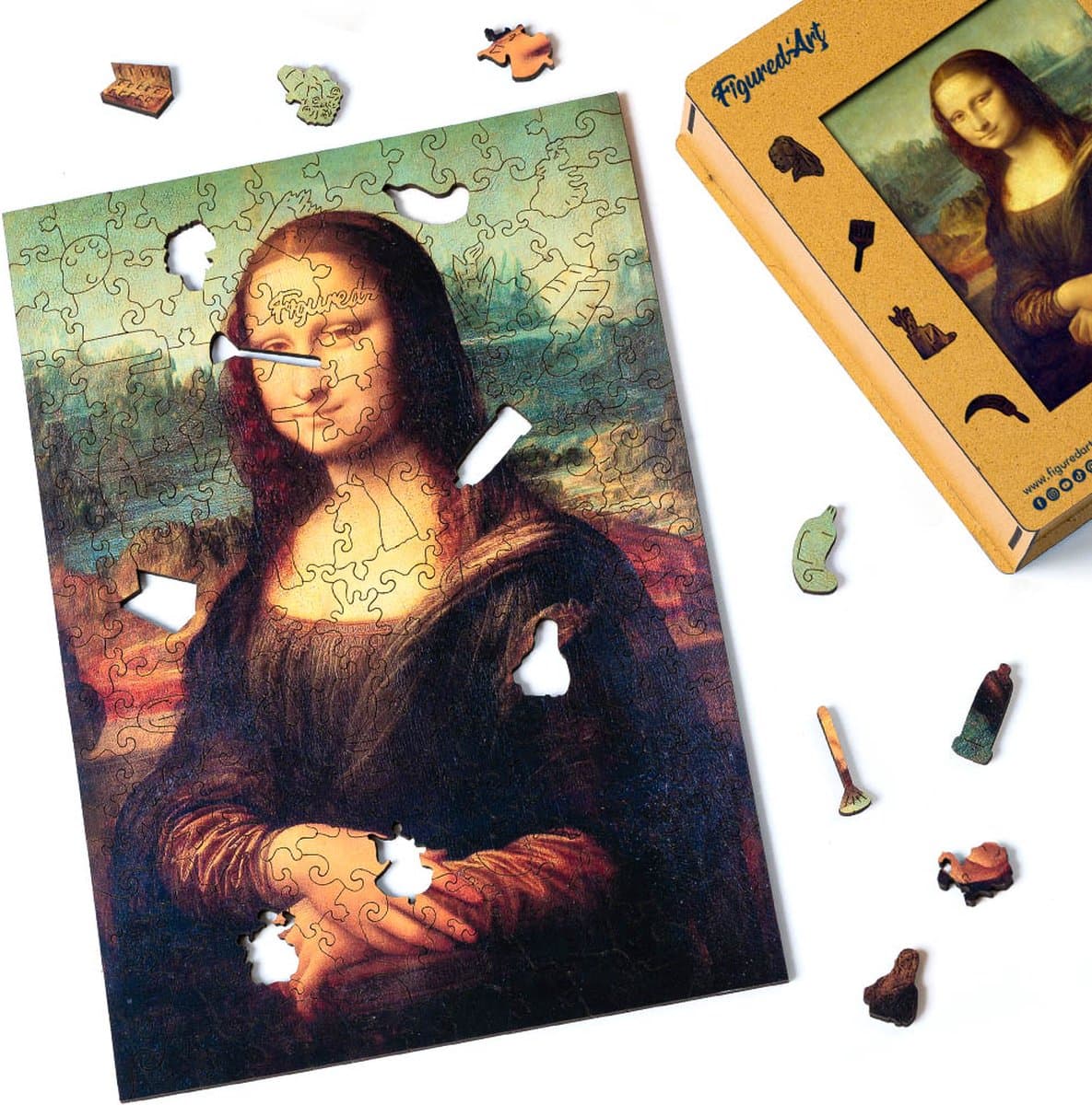 Figured'Art Houten Puzzel 200 Stukjes Volwassenen en Kinderen - De Mona Lisa van Leonardo da Vinci - Uniek Design 22x31,2 cm met Premium Houten Doos, Perfect als Cadeau