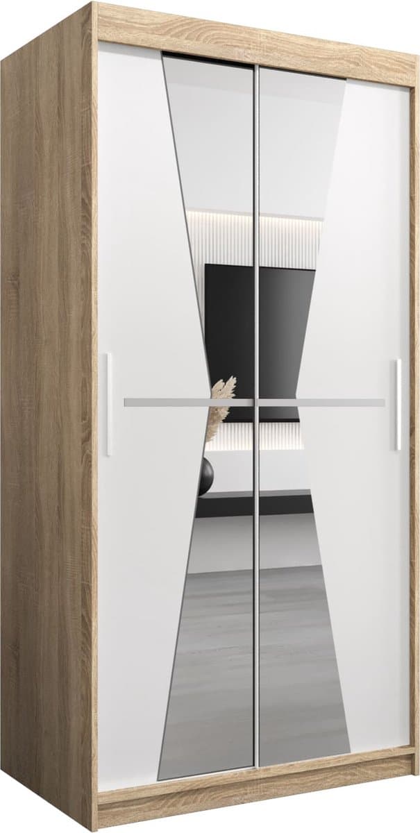 InspireMe - Kledingkast met 2 schuifdeuren, Modern-stijl, Een kledingkast met planken en een spiegel (BxHxD): 100x200x62 - TOTO 100 Sonoma Eik + Wit Mat met 2 lades