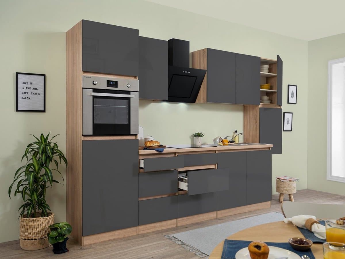 Goedkope keuken 320  cm - complete keuken met apparatuur Lorena  - Eiken/Grijs - soft close - keramische kookplaat    - afzuigkap - oven    - spoelbak
