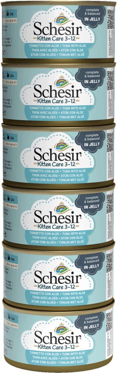 8x Schesir Kattenvoer Kitten 3-12 Blik Tonijn - Aloe in Gelei 6 x 85 gr