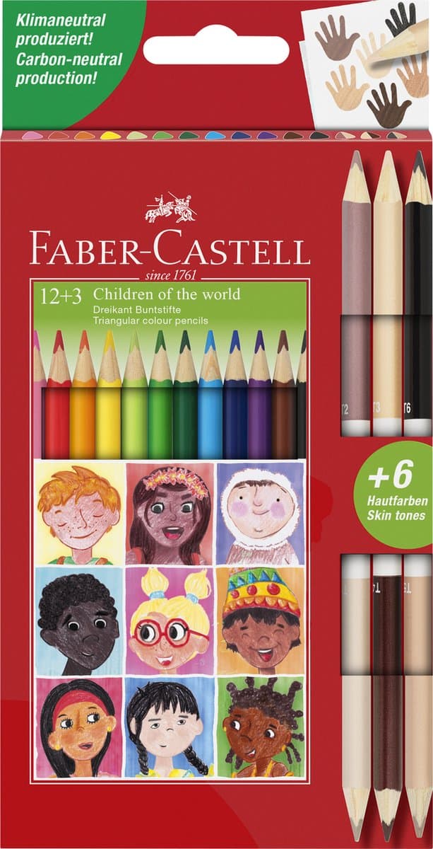 Faber-Castell set van driehoekige kleurpotloden - 12 potloden + 3 dubbelzijdige huidskleurpotloden, assorti