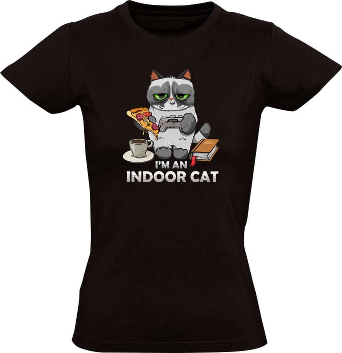 Grappig Katten Dames T-shirt - Kat met Pizza en Game Controller - Cadeau voor Kattenliefhebber