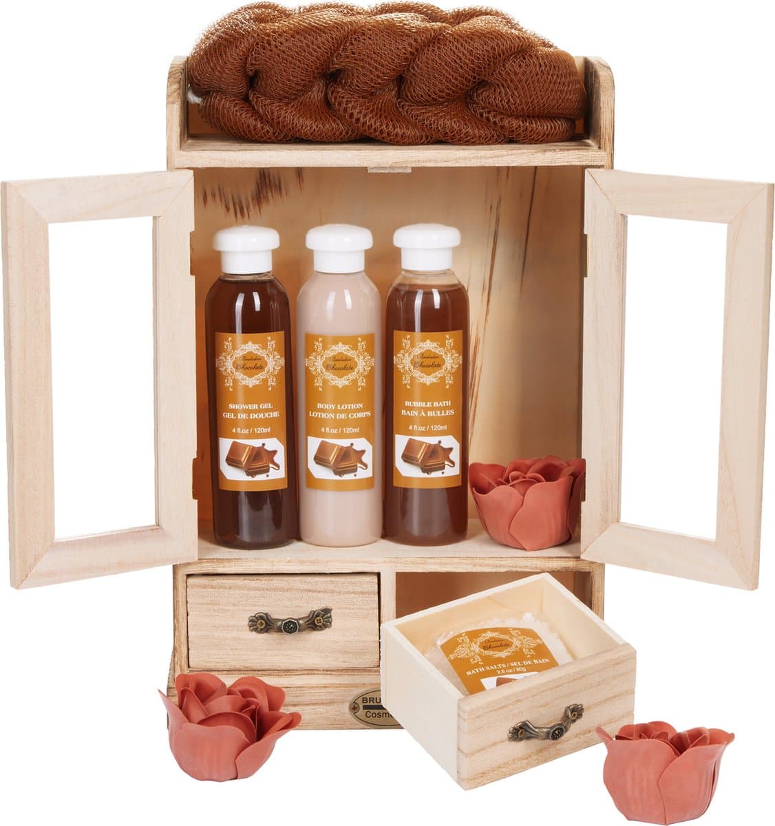 BRUBAKER Cosmetica Bad- en Verzorgingsset - Chocolade - in Houten Kastje - Cadeauset 10 Delen- Cadeautip Vrouw - Cadeau Idee - Cadeau - Kerstcadeau - Bodylotion - Douchegel