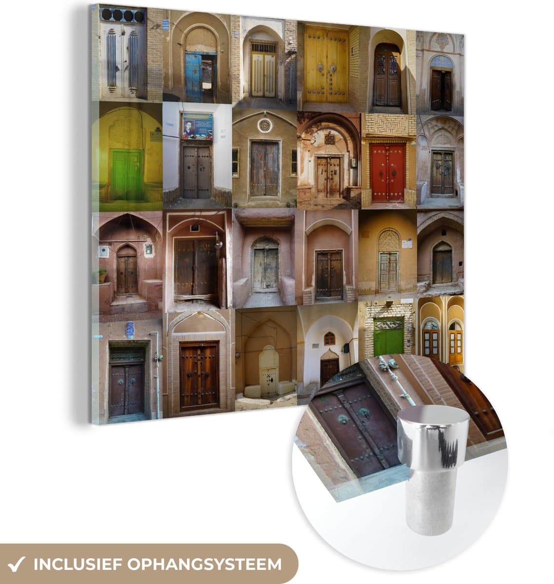 MuchoWow® Glasschilderij 20x20 cm - Schilderij acrylglas - Deuren - Kleurrijk - Architectuur - Collage - Vintage - Foto op glas - Schilderijen