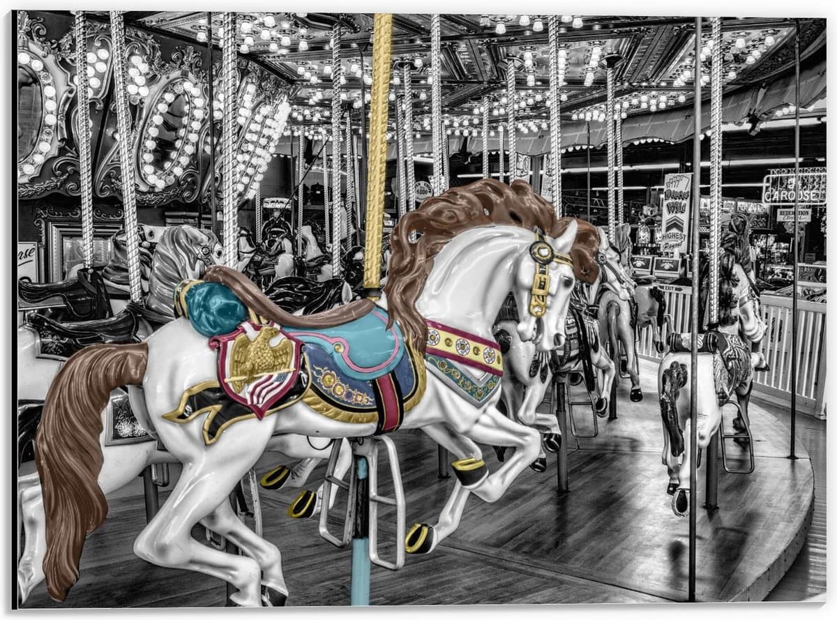 Dibond - Wit Klassiek Paard in Draaimolen - 40x30cm Foto op Aluminium (Met Ophangsysteem)