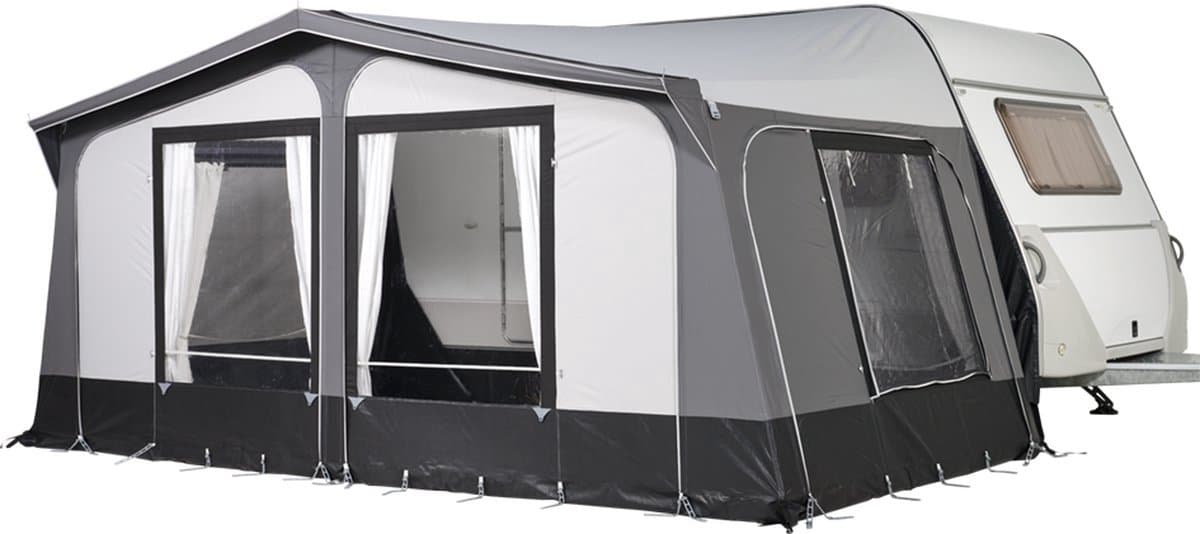 Campout Voortent Nova 250 – Omloopmaat 876-900 cm - Zonneluifel – Zonwering – Caravan – Schroefloze Bevestiging – Inclusief Tochtstrook, Wielflap, Tentharingen, Ladderspanners en Opbergtas – YKK ritsen – Naadloos Dak – Lichtgrijs