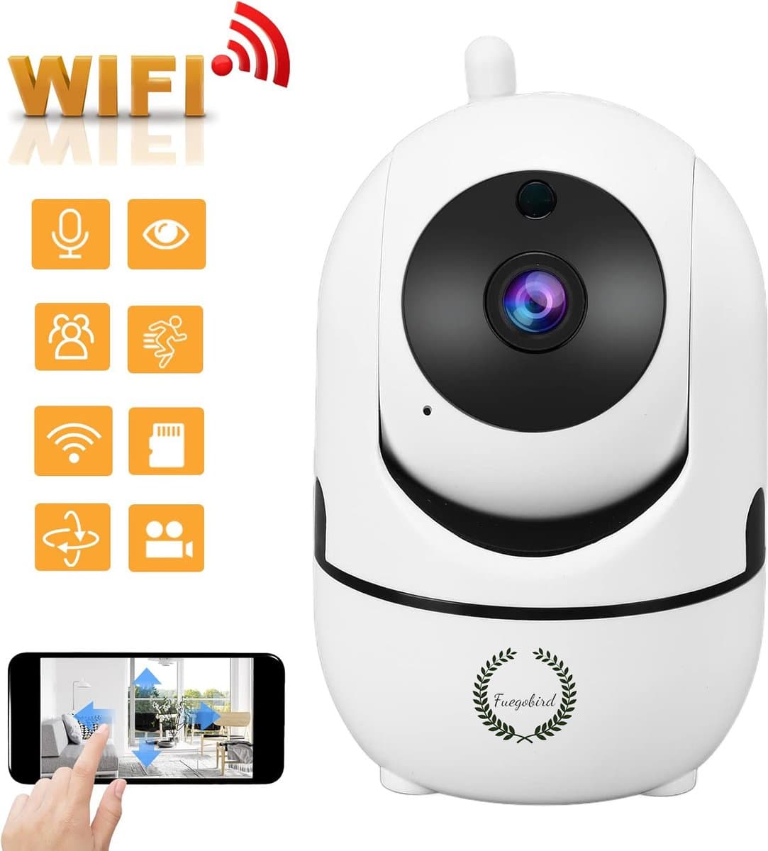 Fuegobird Indoor IP Camera - 1080P - Beveiligingscamera - Huisdiercamera - Baby camera - Compatibel met 2.4G/5G WIFI - Werkt met app - Wit