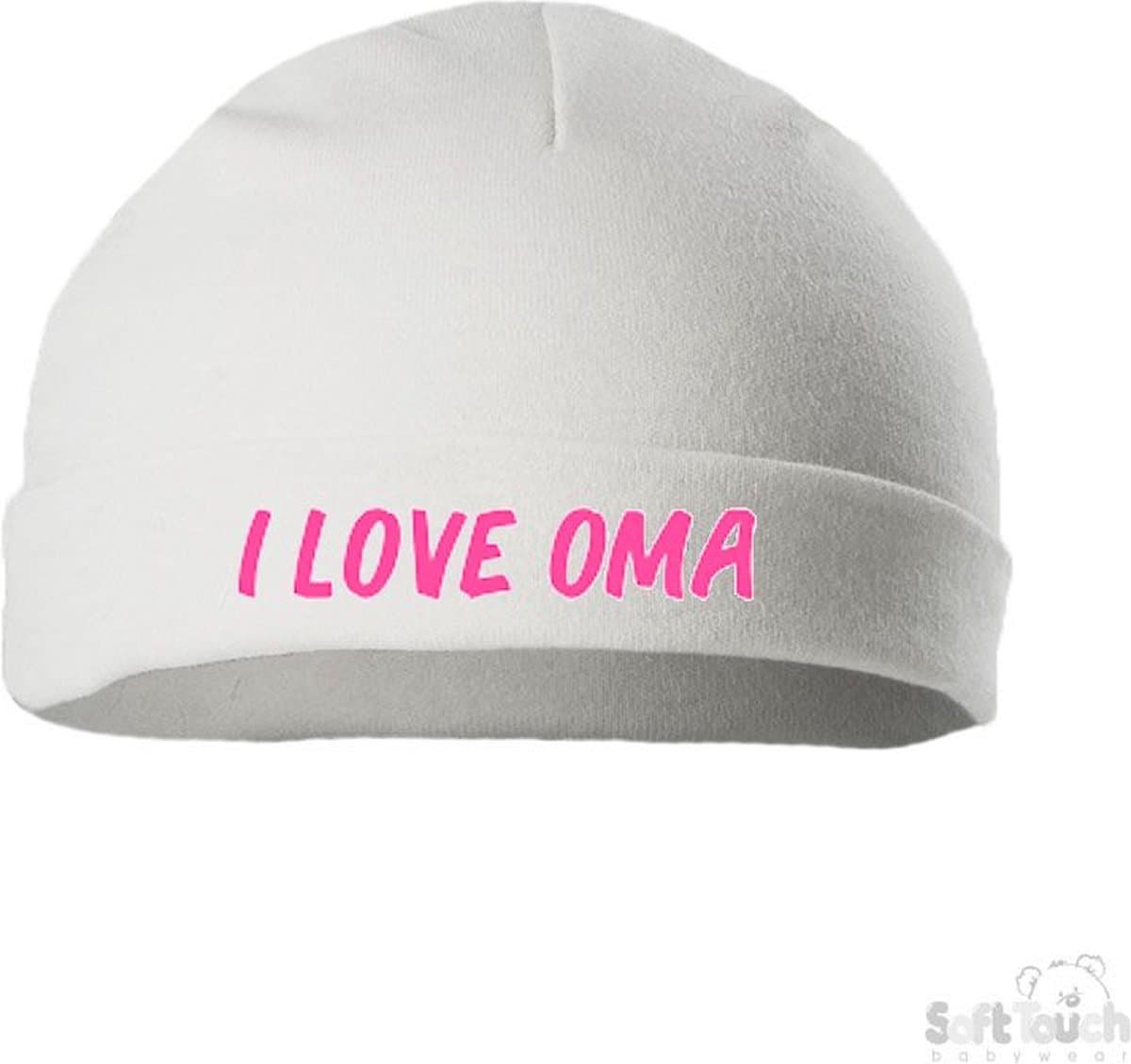 Soft Touch Mutsje Rolmutsje Bedrukt "I Love Oma" Wit/roze Maat 0-3 maanden Maat 56/62