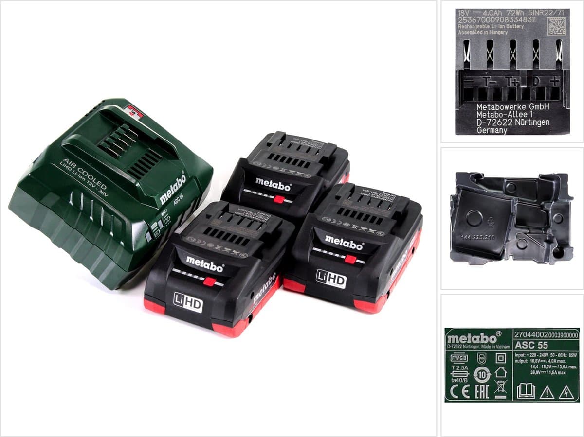 Metabo gereedschap batterij en oplader set - ASC 55, 3x 18 V 4,0 Ah