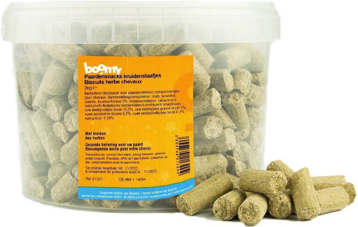 Boomy - Suikervrije paardensnoepjes- Paardensnacks - Paarden snoepjes in hersluitbare emmer- Kruidenstaafjes - 2kg