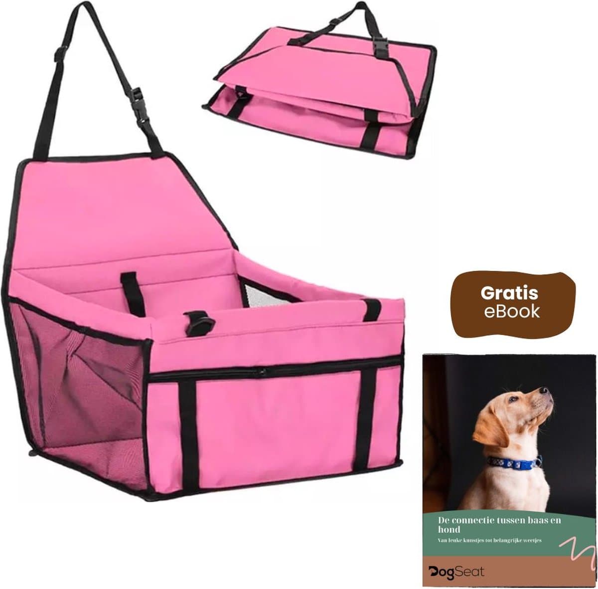 DogSeat® Buddy - Luxe Hondenmand Auto - Autostoel hond - Reisbench hond - Autogordel hond - Roze